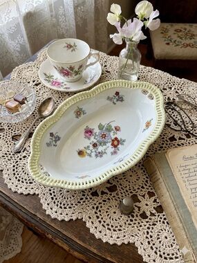 1920s Schumann Bavaria Art Deco Oval Reticulated Porcelain Bowl German Dresden